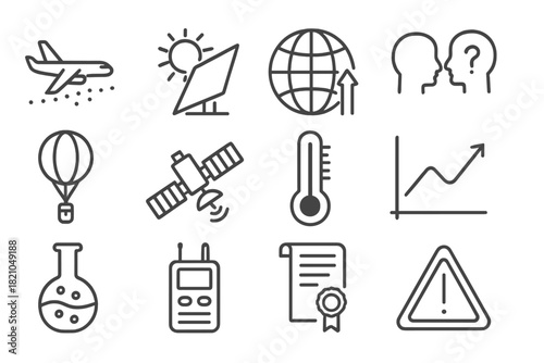 Climate Tech Icons. Line style icons of Climate Technology: Aerosol Injection, Solar Reflector, Global Temperature, Ethical Debate