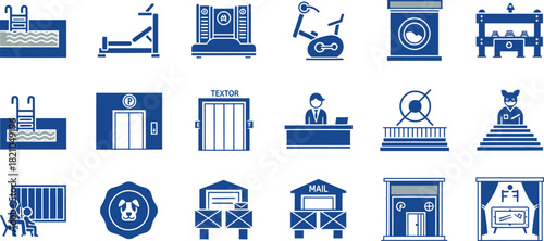 Blue silhouette icons for services and activities on a transparent background swimming pool