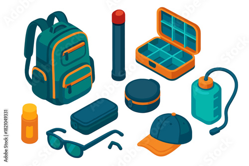 Fishing Gear Icons. Isometric vector illustration set Fishing equipment – tackle backpack, rod tube, reel case; gear organizer,