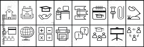 A comprehensive collection of minimalist line art icons themed around education and schooling. This vector-style set features 16 distinct symbols including a school building, backpack, graduation cap.