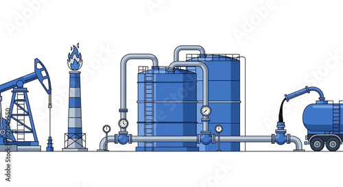 Blue industrial illustration depicting oil extraction and processing, including a pumpjack, flare stack, storage tanks, pipelines, and a tanker truck.