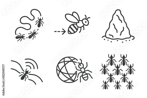 Insect Colony Icons. Line style icons of Insect Colony Inspiration: ant trail path, bee with direction vector, termite mound icon,