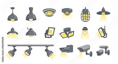 Collection of various lighting fixtures including pendant lights, ceiling lights, spotlights, floodlights, and security cameras with integrated lights, all e...