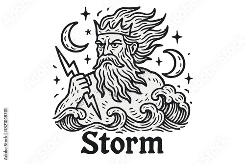 Storm God Illustration. Hand-drawn storm god with moons, waves, and sparkles, center word “Storm” in black and white isolated