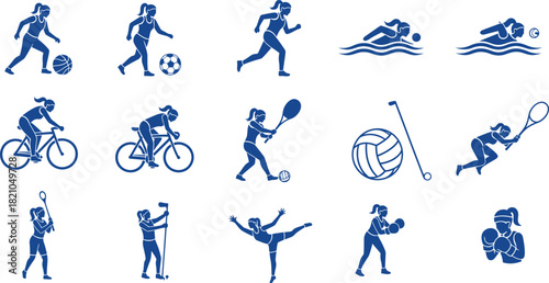 Blue silhouette icons of women engaged in various sports activities woman athlete