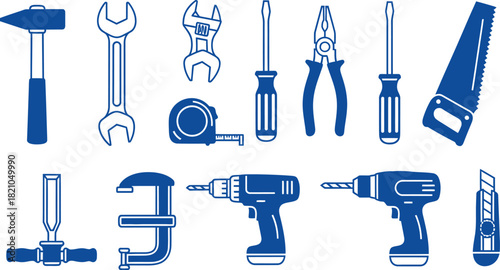 Blue tools and instruments on a transparent background hammer wrench