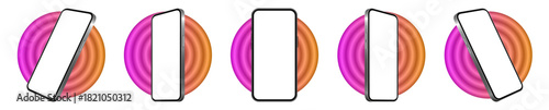 Mockup of a phone screen. Social media promotion. Advertising on a smartphone display. Device front view. 3D mobile phone. Cell phone. 3d rounds in pink and orange shades