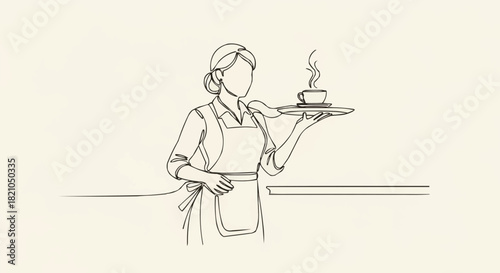 Line Art Illustration of Waitress Serving Coffee with Elegance.