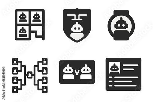 Robot Joust Icons. Solid style icons of robot joust tournament brackets: grid match icon, knockout ladder badge, champion ring
