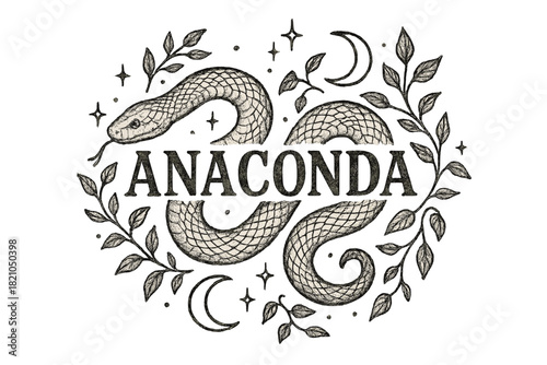 Anaconda and Moons. Hand-drawn anaconda with moons, vines, and sparkles, center word “Anaconda” in black and white isolated