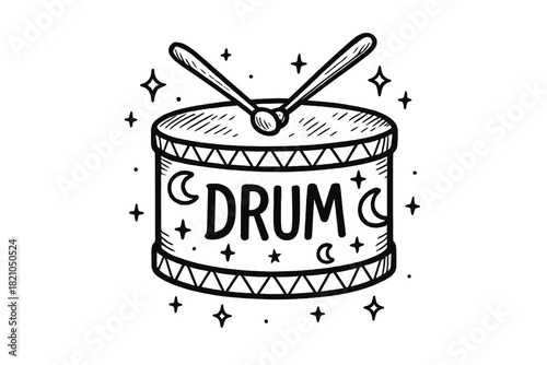 Moonlit Toy Drum. Hand-drawn toy drum with moons, sticks, and sparkles, center word “Drum” in black and white isolated transparent