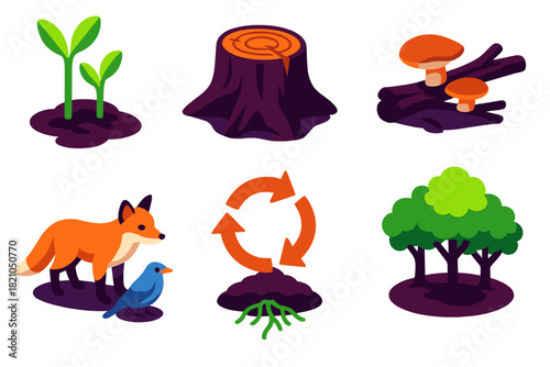 Nature's Renewal Icons. Isometric vector illustration set Post-Fire Regeneration: green shoots sprouting, charred stump, fungi