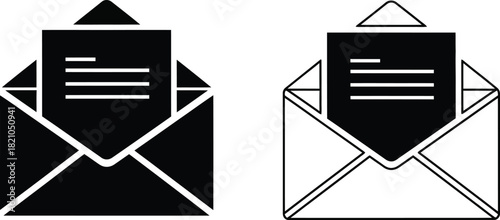 Two black and white envelope icons with letter illustrations shown