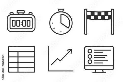 Time and Score Icons. Line style icons of time and scoring: digital timer, lap split icon, finish line beam, score chart layout,