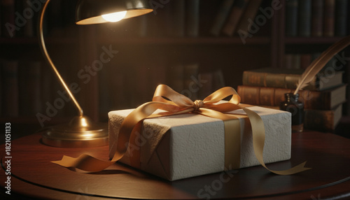 Single, perfectly wrapped gift box with silk ribbon