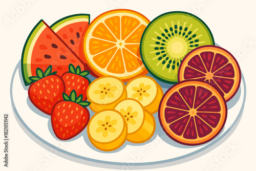 Rainbow Fruit Plate. Vibrant vector illustration rainbow of fresh fruit slices arranged on a clean white plate, inviting and