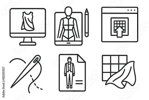Virtual Fashion Tools. Line style icons of designer tools for virtual fashion: digital drape simulation, 3D sketch pad, texture