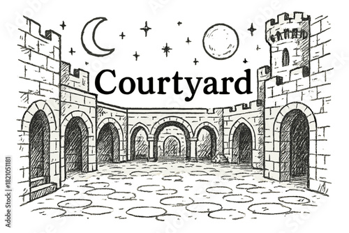 Magical Castle Courtyard. Hand-drawn castle courtyard with moons, arches, and sparkles, center word “Courtyard” in black and white