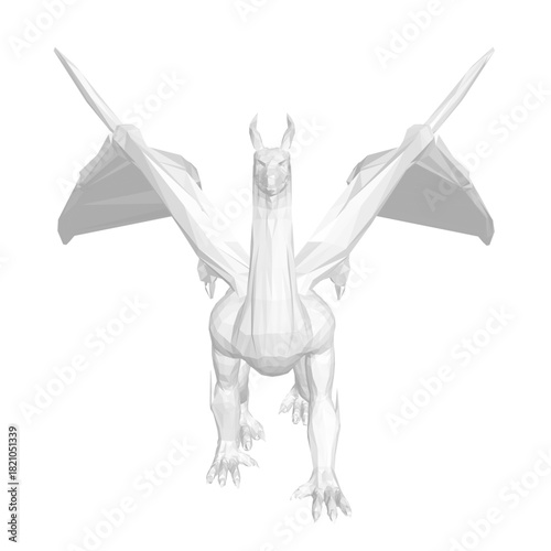 Polygonal white dragon with wings spread wide, composed of various geometric shapes and sizes against a clean white background. This low poly model presents a powerful and majestic creature.