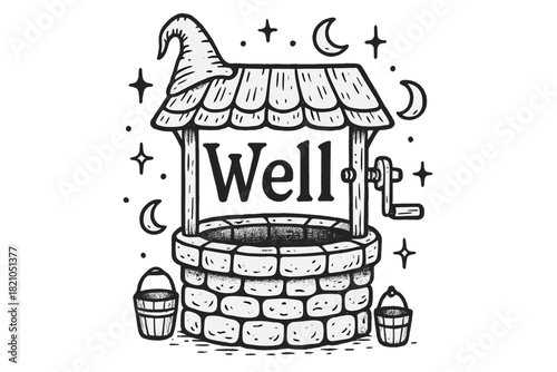Gnome's Enchanted Well. Hand-drawn gnome well with moons, buckets, and sparkles, center word “Well” in black and white isolated