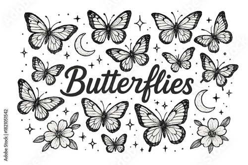 Butterfly Swarm Art. Hand-drawn butterfly swarm with moons, flowers, and sparkles, center word “Butterflies” in black and white