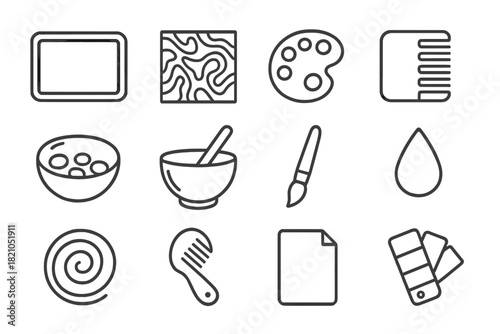 Craft Technique Icons. Line style icons of Craft Techniques: Tray, Carrageenan, Paint, Comb Pattern; Palette, Mixing Bowl, Brush,