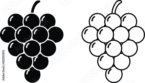 Black and white illustration depicting two bunches of grapes in simple style