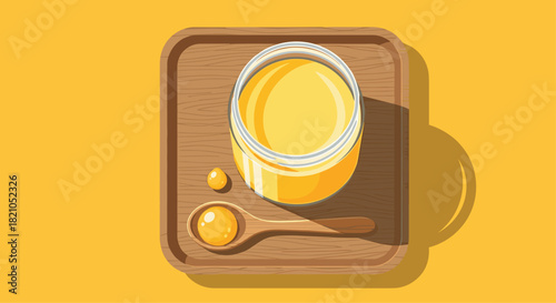 Golden honey jar and wooden spoon on a rustic tray offer natural sweetness for breakfast or a healthy lifestyle, perfect for foodie blogs