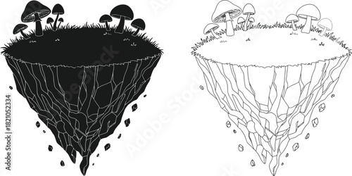 Floating islands with mushrooms a contrasting black and white illustration style