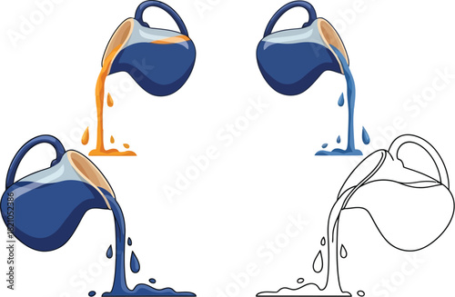 Illustrations depicting pouring pitchers with liquids at different stages of flow