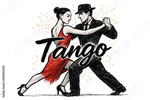 Tango Dance Illustration. Hand-drawn tango couple in black and red with golden sparks, center word “Tango”, isolated transparent