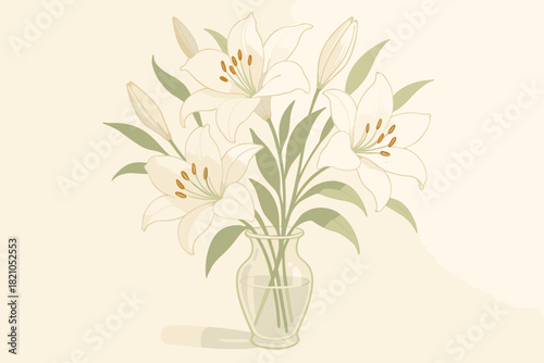 Serene White Lilies. Delicate floral arrangement of white lilies in a glass vase, vector illustration soft lighting creating a