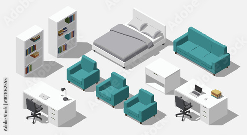 Stylish isometric home office setup with modern furniture for interior design inspiration and decorating ideas for comfortable living spaces