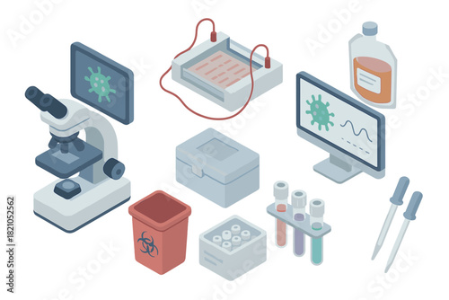 Isometric Microbiology Lab Tools. Isometric vector illustration set of Microbiology lab: digital microscope, gel electrophoresis
