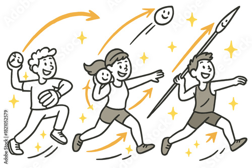 Dynamic Athletic Velocity. Cheerful doodle maximizing projectile velocity with happy athletes, cartoon arrows showing speed,