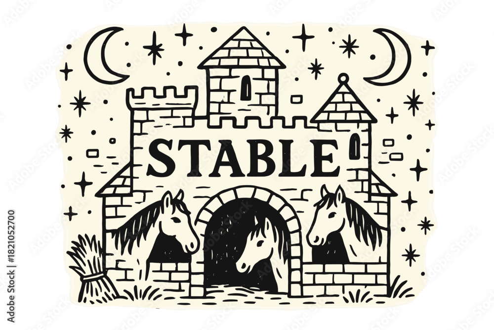 Obraz premium Enchanted Castle Stable. Hand-drawn castle stable with moons, horses, and sparkles, center word “Stable” in black and white