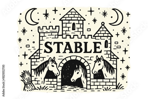 Enchanted Castle Stable. Hand-drawn castle stable with moons, horses, and sparkles, center word “Stable” in black and white