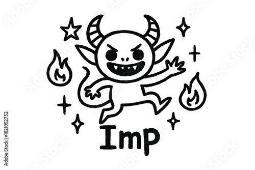 Starlit Imp Doodle. Doodle imp with stars, flames, and sparkles, center word “Imp” in black and white isolated transparent