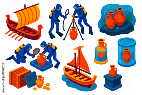 Nautical Archaeology Icons. Isometric vector illustration set Nautical archaeology: ancient vessels, divers with recovery tools,