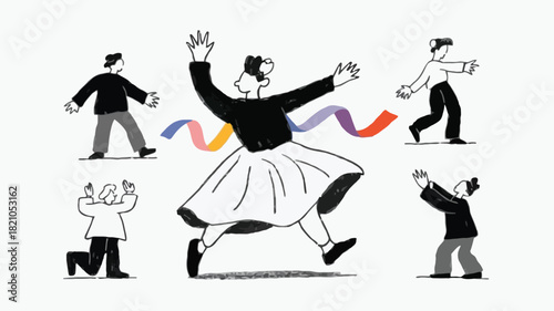 A vibrant and energetic illustration of a joyful female dancer with a flowing skirt captured mid movement showcasing grace and dynamism in a colorful artistic representation