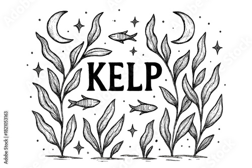 Kelp Forest Artistry. Hand-drawn kelp forest with moons, fish, and sparkles, center word “Kelp” in black and white isolated