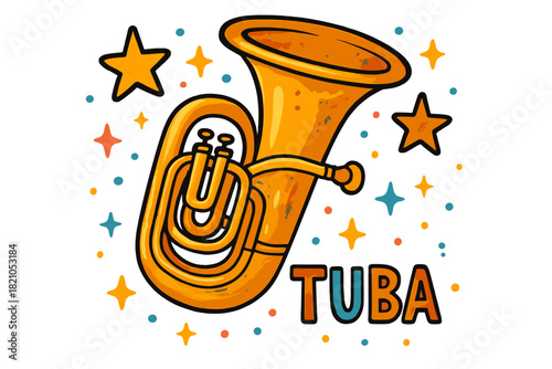 Vibrant Tuba Spectacle. Colorful doodle tuba in brass gold with floating stars and sparkles, center word “Tuba”, isolated
