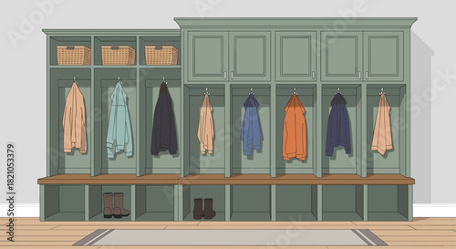 Organized mudroom with stylish storage lockers and hanging coats creates a welcoming, clutter-free home entrance perfect for families