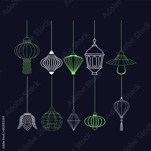 Hanging Decorative Lanterns Set Outline Style Dark Background