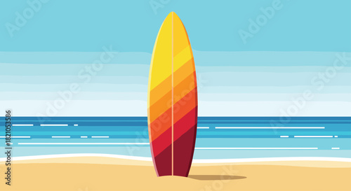 Vibrant surfboard standing tall on a sandy beach with calm turquoise ocean waters inviting summer adventures and coastal relaxation