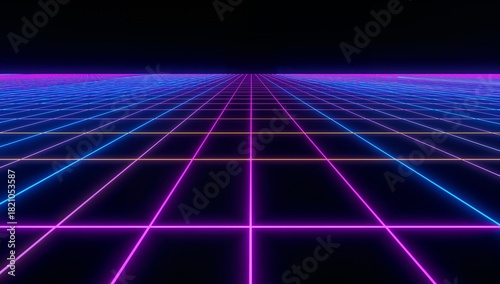 Wallpaper Mural Glowing neon grid plane receding to vanishing point on reflective surface, with magenta cyan lines Torontodigital.ca
