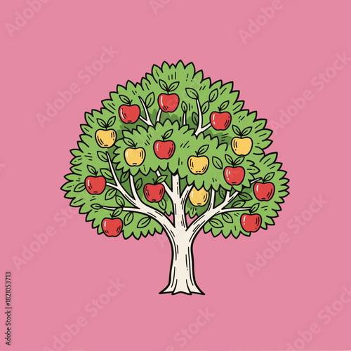Cartoon Apple Tree Art.Hand Drawn Fruit Tree.Vector Doodle Apple Harvest.Simple Garden Illustration.Ripe Red and Yellow Apples