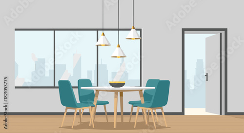 Modern dining room scene with stylish teal chairs and city view offers bright interior design inspiration for home staging and real estate marketing