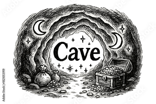 Enchanted Cave Art. Hand-drawn enchanted cave with moons, treasures, and sparkles, center word “Cave” in black and white isolated