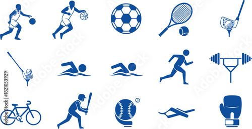 Sports Icons Set Blue Silhouette On transparent Background basketball soccer